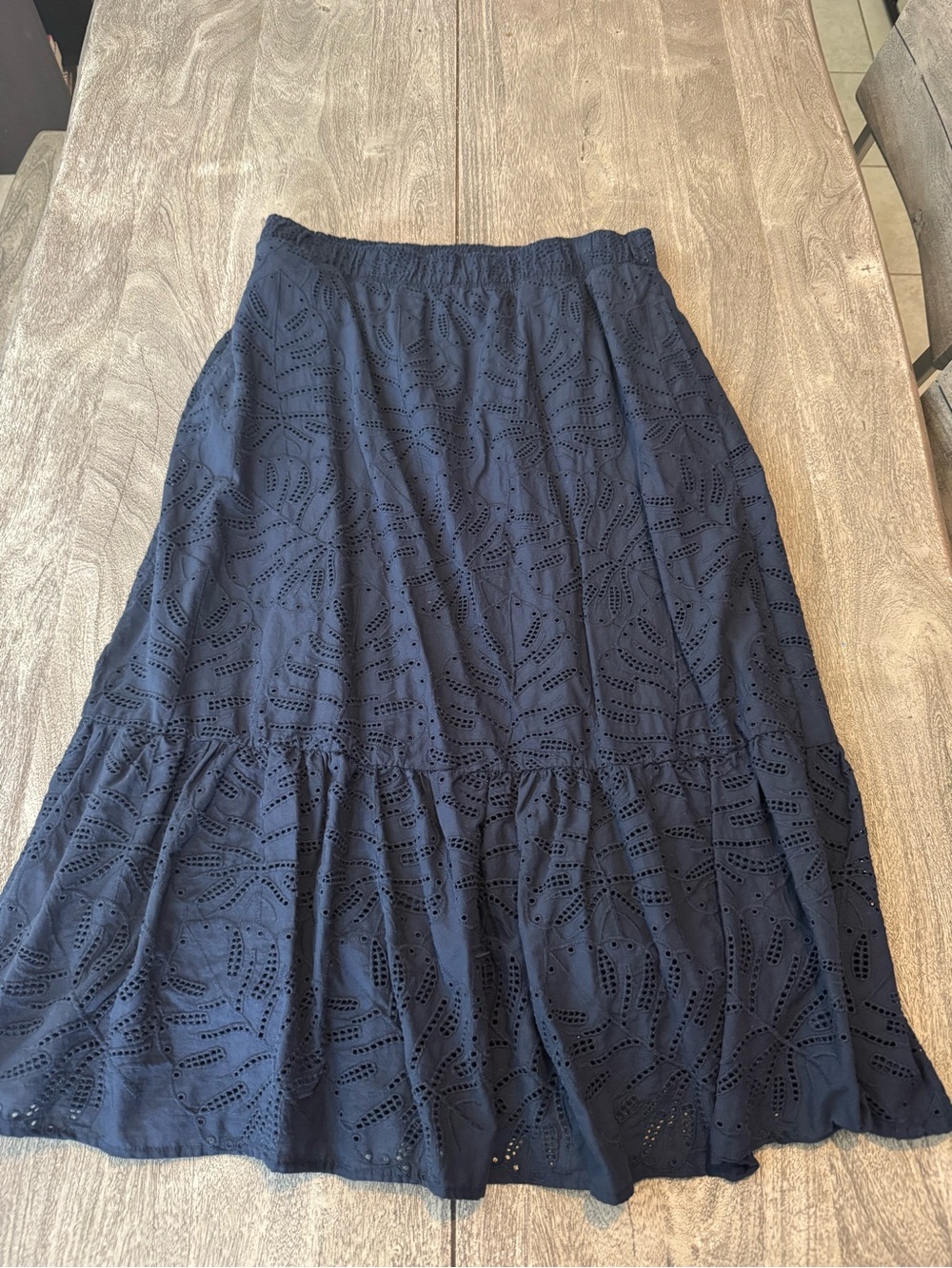 Women's Navy Eyelet Tiered Midi Skirt